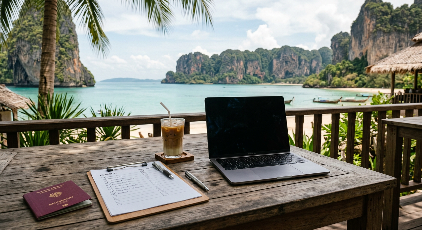 Terrasse mit Blick auf eine türkisfarbene Bucht in Thailand, darauf Reisepass und eine abgehakte Checkliste